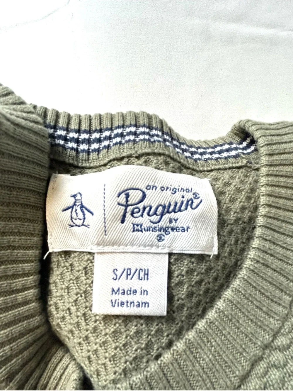 Original Penguin Sweater Mens Small Green Waffle Knit Crew Neck Logo Pullover